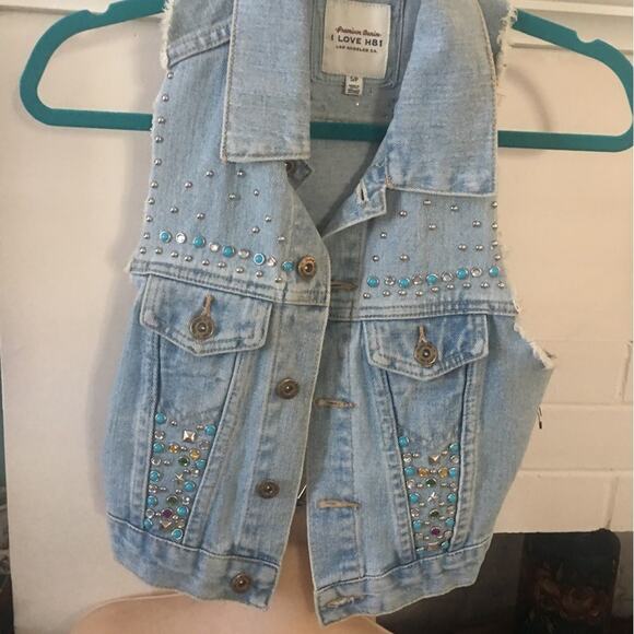 VINTAGE Y2K STUDDED JEWELED DENIM VEST WAISTCOAT W/ TURQUOISE & STUDS - Picture 4 of 8